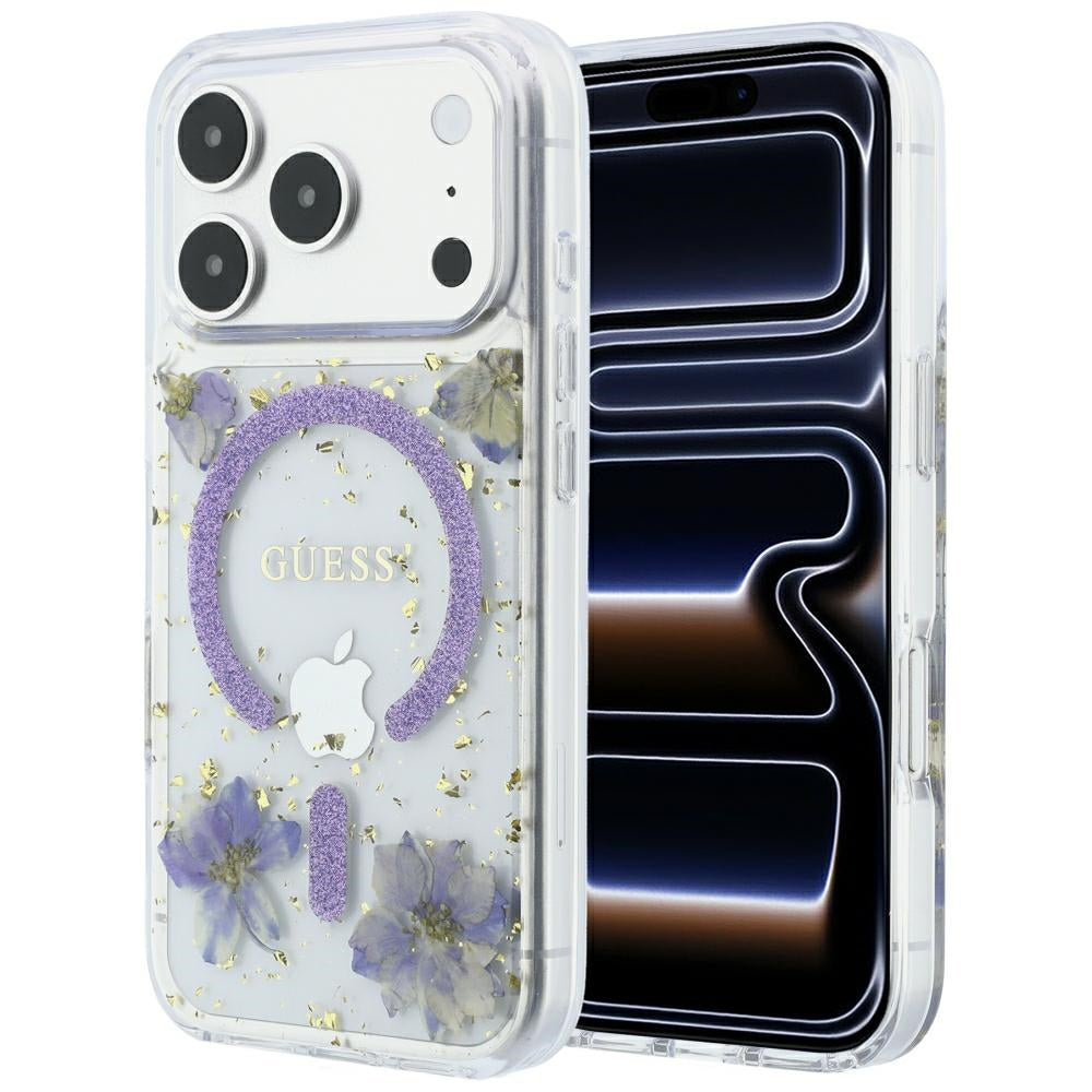 Husa Guess Resin Flowers Glitter Magsafe pentru iPhone 18 Pro Max / 17 Pro Max - Mov