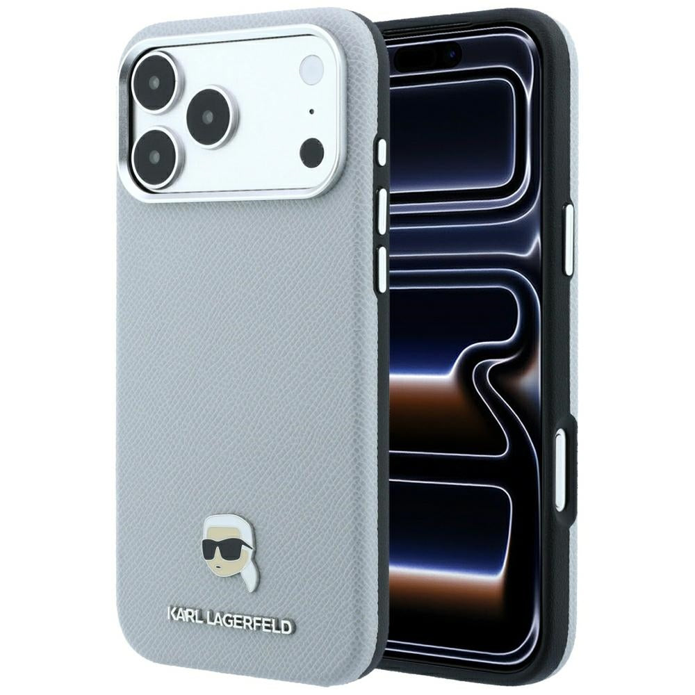Husa Karl Lagerfeld Grained Karl Head Metal Magsafe pentru iPhone 18 Pro Max / 17 Pro Max - Gri
