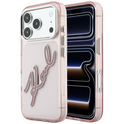 Husa Karl Lagerfeld IML Big Signature Resin Metal Frame pentru iPhone 18 Pro Max / 17 Pro Max - Roz