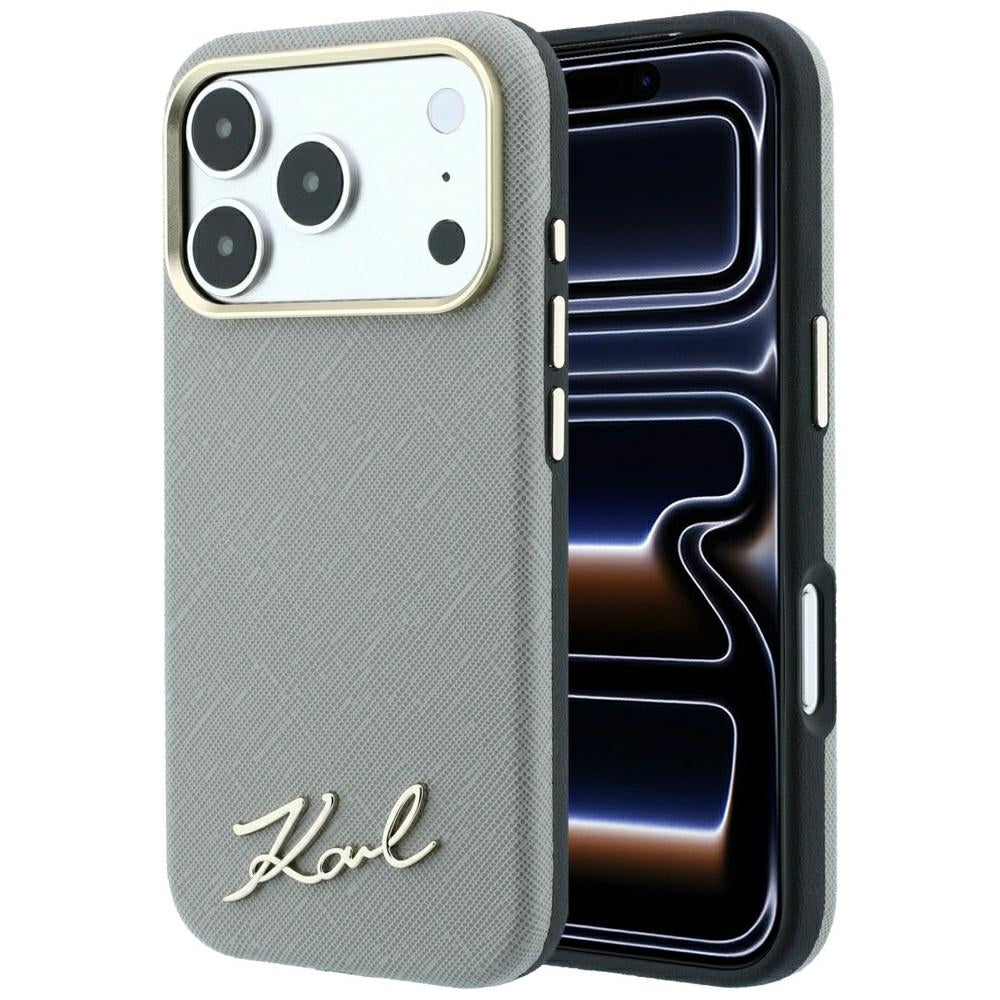 Husa Karl Lagerfeld Saffiano Small Script Metal Logo Magsafe pentru iPhone 18 Pro / 17 Pro - Bej