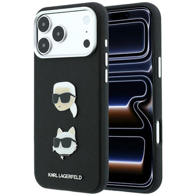 Husa Karl Lagerfeld Saffiano cu Karl & Choupette Heads Pins & Logo pentru iPhone 18 Pro Max / 17 Pro Max - Negru