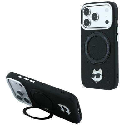 Husa Karl Lagerfeld cu Ring Stand 360 Choupette Head Pin Magsafe pentru iPhone 18 Pro / 17 Pro - Negru