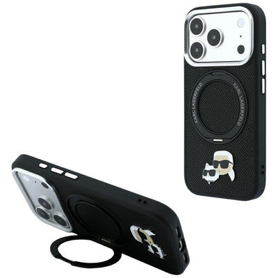 Husa Karl Lagerfeld cu Ring Stand 360 Karl & Choupette Heads Pin Magsafe pentru iPhone 18 Pro / 17 Pro - Negru