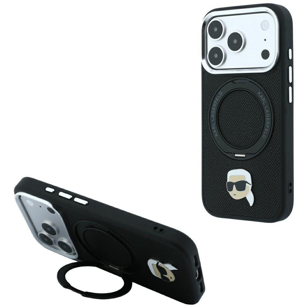 Husa Karl Lagerfeld cu Ring Stand 360 Karl Head Pin Magsafe pentru iPhone 18 Pro / 17 Pro - Negru