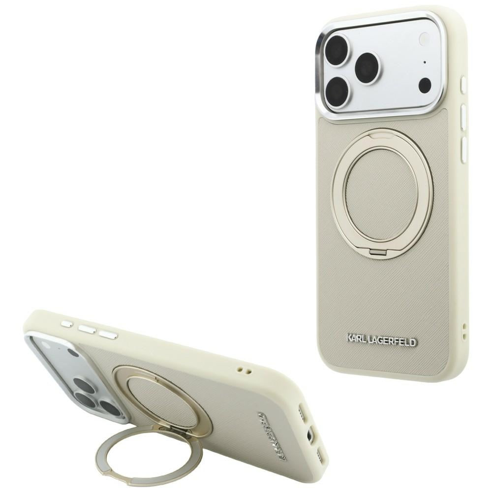 Husa Karl Lagerfeld Ring Stand 360 Saffiano Classic Logo Magsafe pentru iPhone 18 Pro Max / 17 Pro Max - Bej