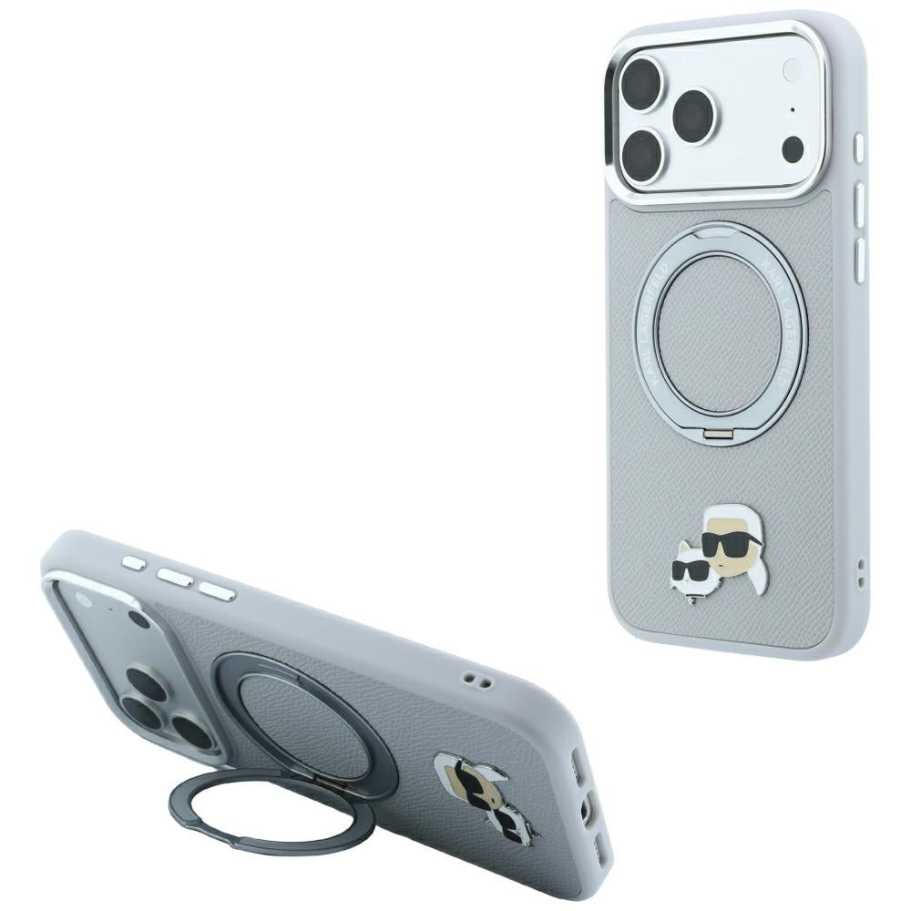 Husa Karl Lagerfeld cu Ring Stand 360 Karl & Choupette Heads Pin Magsafe pentru iPhone 18 Pro / 17 Pro - Gri