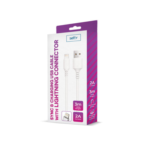 Setty cablu USB - Lightning 3,0 m 2A Alb NEW
