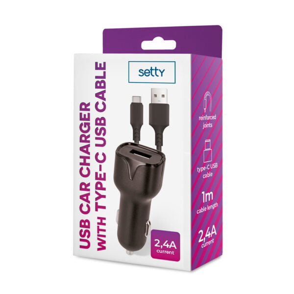 Încărcător auto Setty 1x USB 2,4A negru + cablu USB‑C 1,0 m