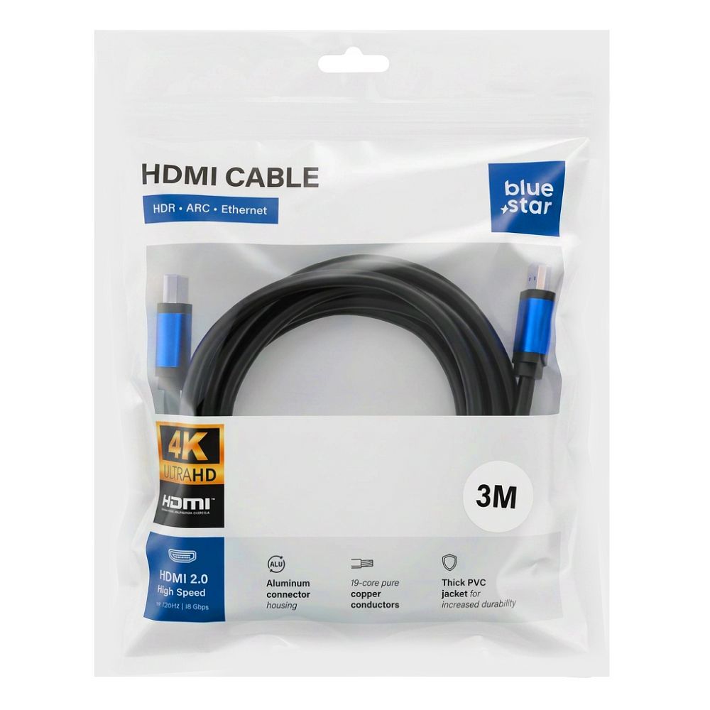Cablu Albastru Star Hdmi 2.0 4K 120Hz - High Speed, HDR, ARC, Ethernet, AWM, 18Gbps 3 M Negru