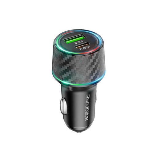 Încărcător auto Borofone Brilliant (BZ21) – USB, Type‑C, încărcare rapidă, port dublu, PD30W, QC3.0, 48W, LED integrat – negru