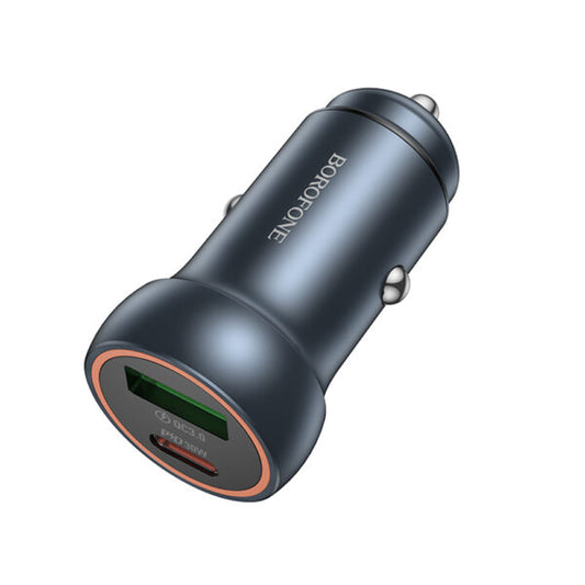 R06 Borofone – Încărcător auto mini Fresh (BZ32A) – Type‑C, USB, încărcare rapidă, port dublu, 30W (PD/QC), aliaj de aluminiu – gri metalic