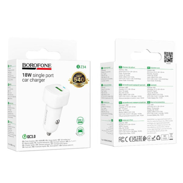 Borofone – Încărcător Auto Cloud (BZ34) – USB, Port Unic, 18W (QC/FCP/AFC), ABS, pentru 12–24V – Alb