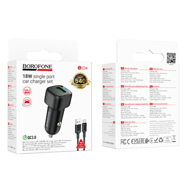 Borofone – Încărcător Auto Cloud (BZ34) – Cablu USB‑A/C Inclus, Port Unic USB‑A, 18W (QC/FCP/AFC), ABS, pentru DC 12–24V – Negru