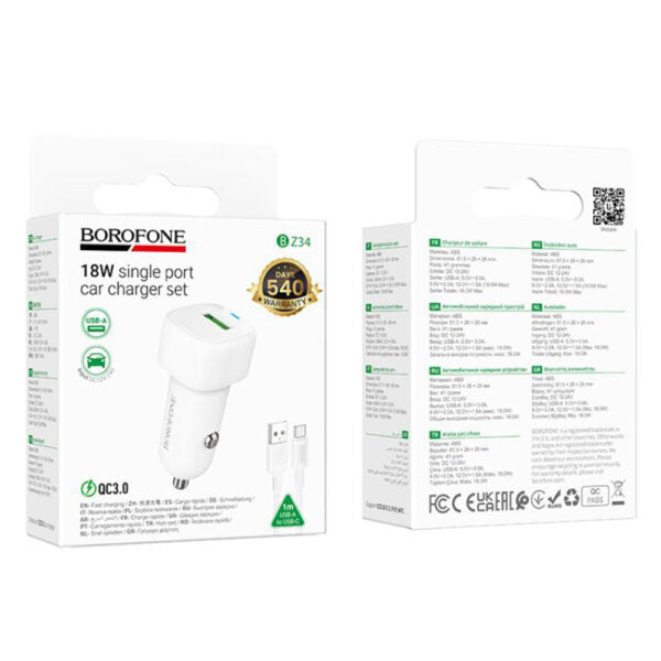 Borofone – Încărcător Auto Cloud (BZ34) – Cablu USB‑A/C Inclus, Port Unic USB‑A, 18W (QC/FCP/AFC), ABS, pentru DC 12–24V – Alb