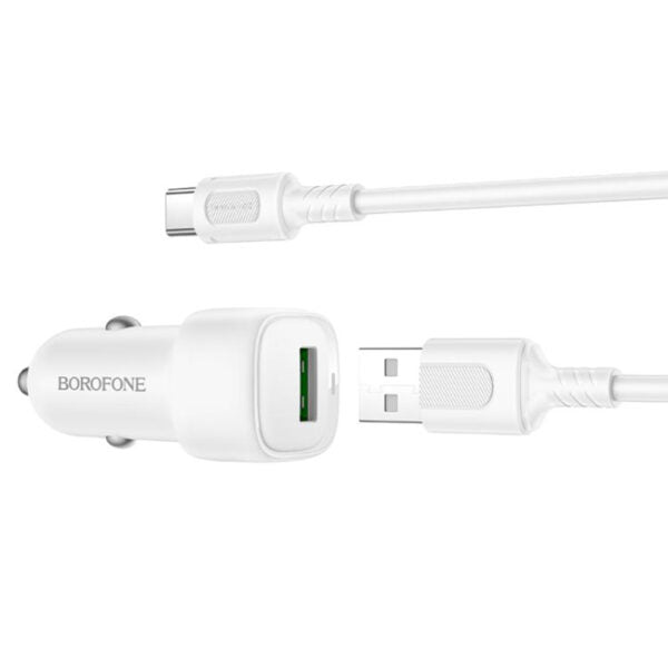 Borofone – Încărcător Auto Cloud (BZ34) – Cablu USB‑A/C Inclus, Port Unic USB‑A, 18W (QC/FCP/AFC), ABS, pentru DC 12–24V – Alb