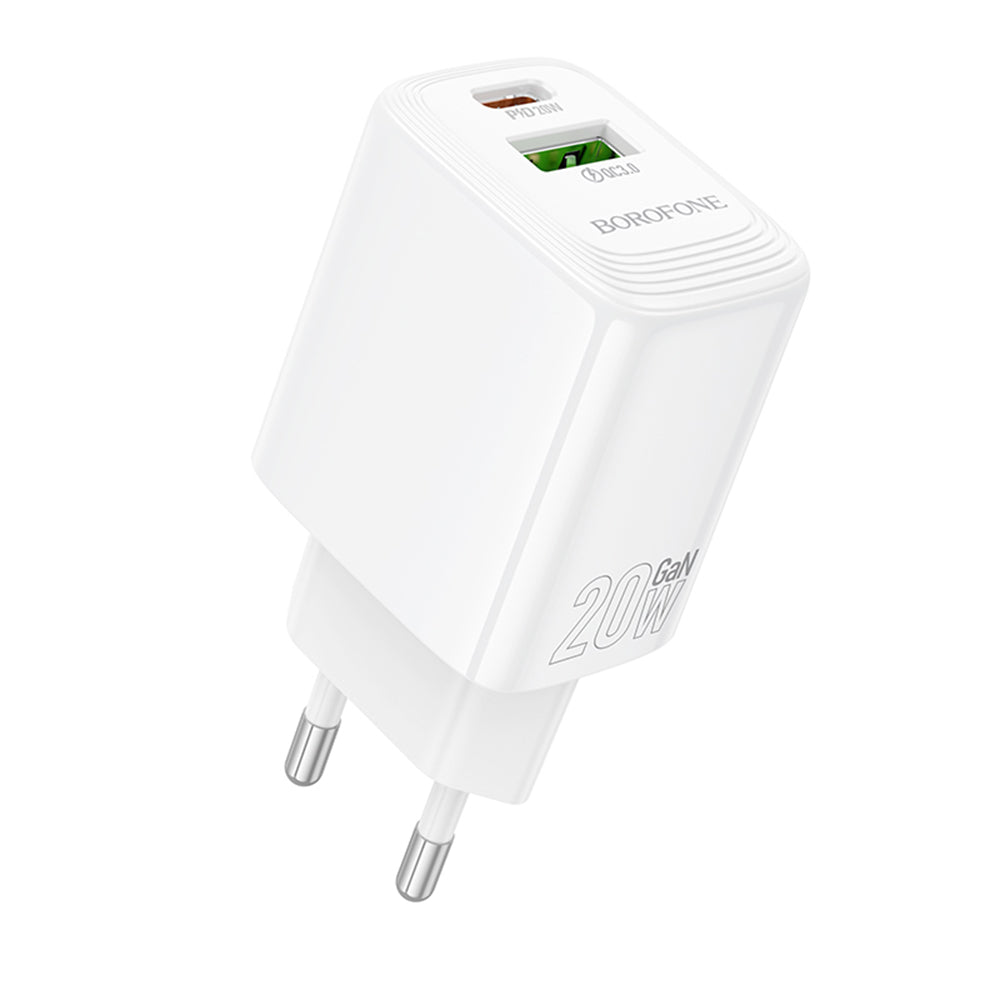 Incarcator priza R06 Borofone - Fuente (Bn27) - Dual Port, USB + Usb-c, Pd20w, Qc3.0, Gan Technology - Alb