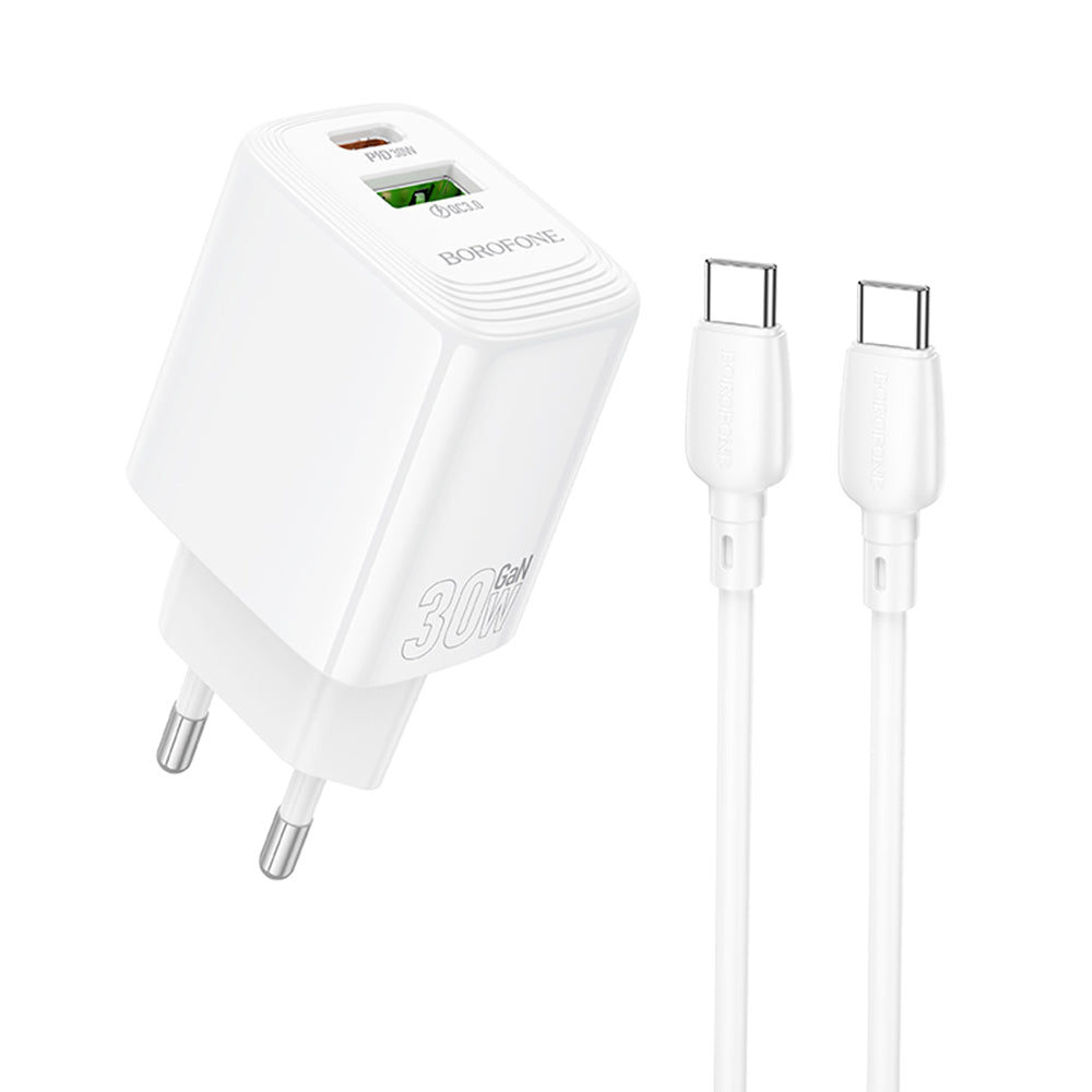 Cablu R06 Borofone - Incarcator priza Fuente (Bn29) - Type-c Included, USB + Type-c, Pd30w, Qc3.0, Gan Technology - Alb