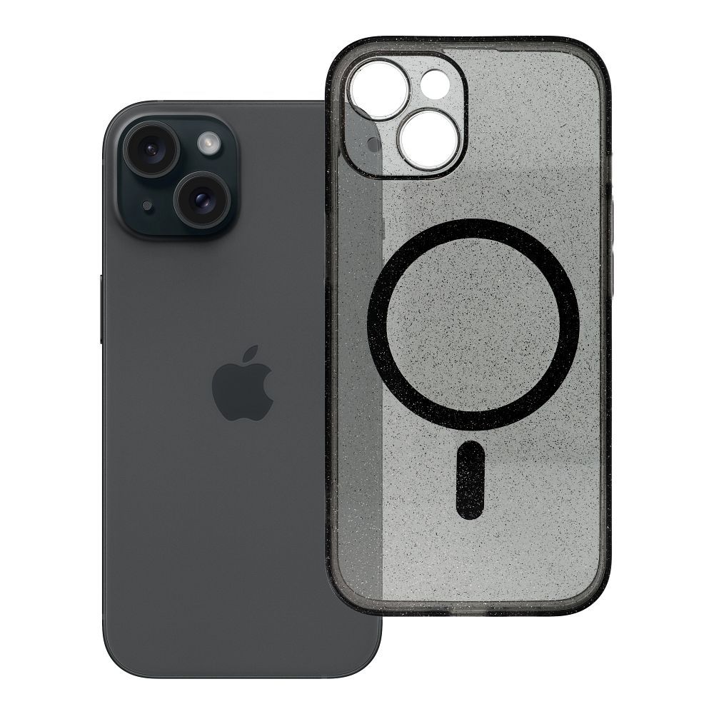 Husa Transparent Mag pentru iPhone 15 - Glitter (STR / Camera Protection) Compatible cu Magsafe Negru Glitter