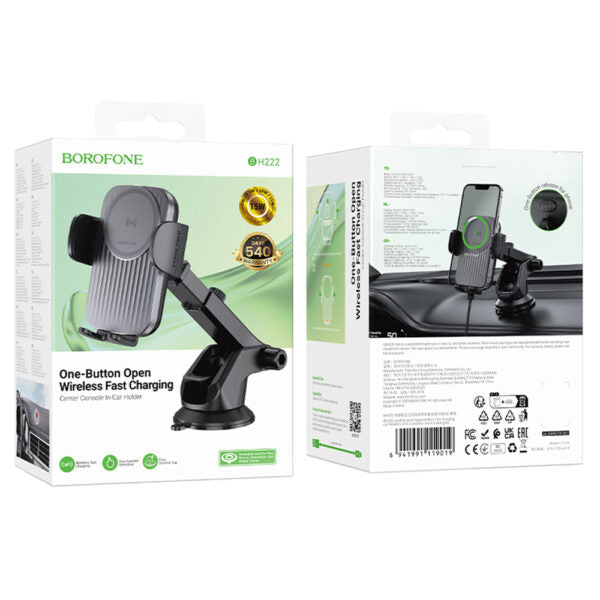 Borofone – Suport auto cu încărcare wireless Leading (BH222) – pentru bord/parbriz, prindere sigură, 15W – Black Metal Grey
