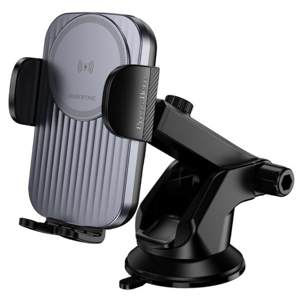 Borofone – Suport auto cu încărcare wireless Leading (BH222) – pentru bord/parbriz, prindere sigură, 15W – Black Metal Grey