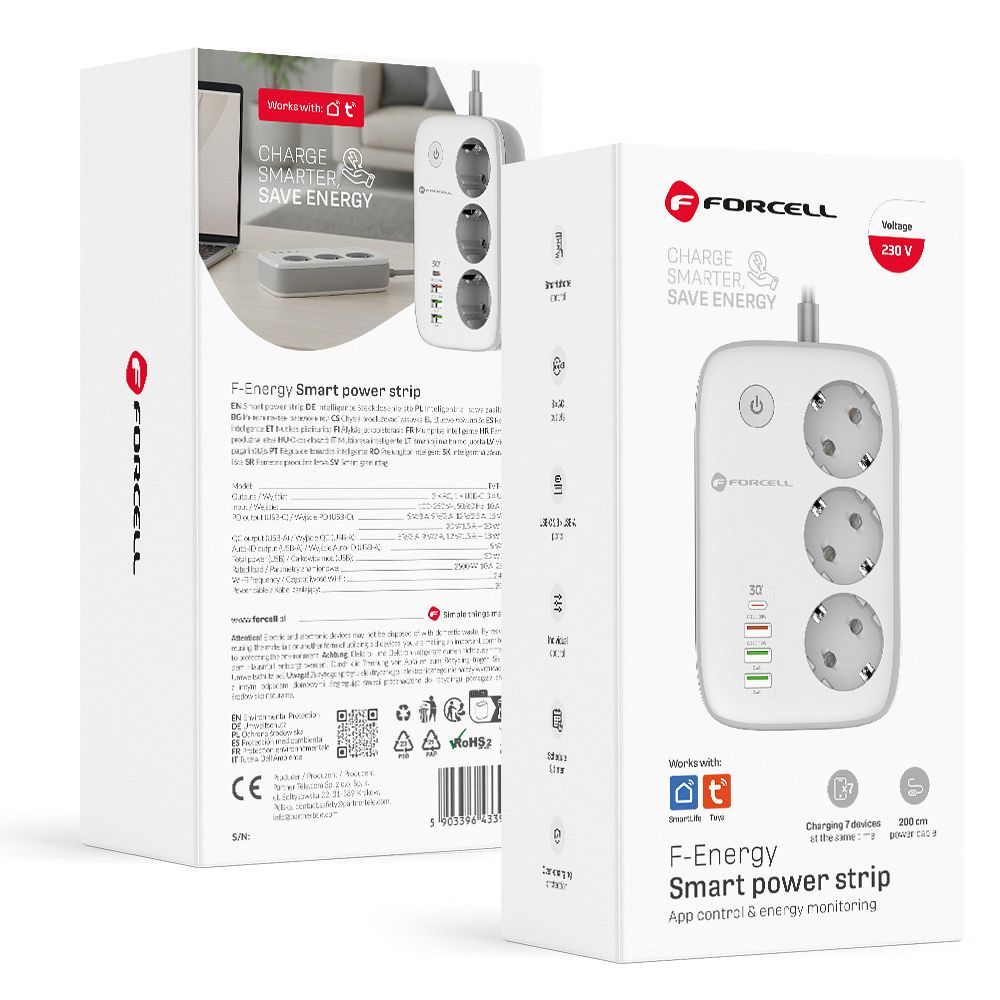 Incarcator priza Forcell Power Strip F-energy 3 Sockets + USB C 30W + 3 X USB A Qc3.0 PD + Wifi Tuya, Smartlife, Alexa 1