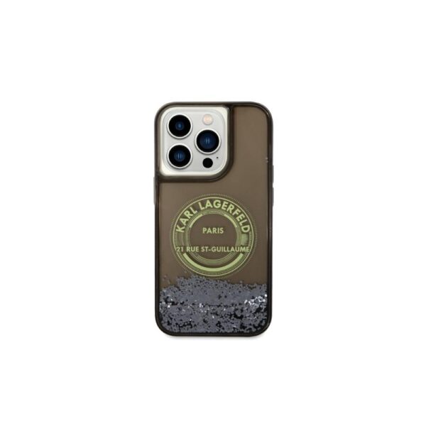 Husă pentru iPhone 14 Pro Karl Lagerfeld 6,1" KLHCP14LLCRSGRK black hard Liquid Glitter RSG – Negru
