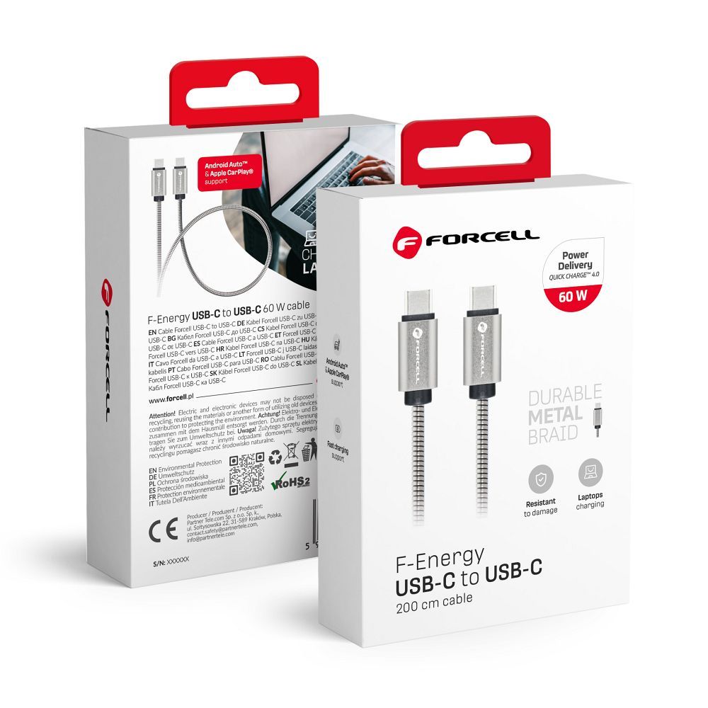 Cablu Forcell USB C To USB C F-energy Qc4.0 PD 3A 66W Metal 2 M C237 Argintiu