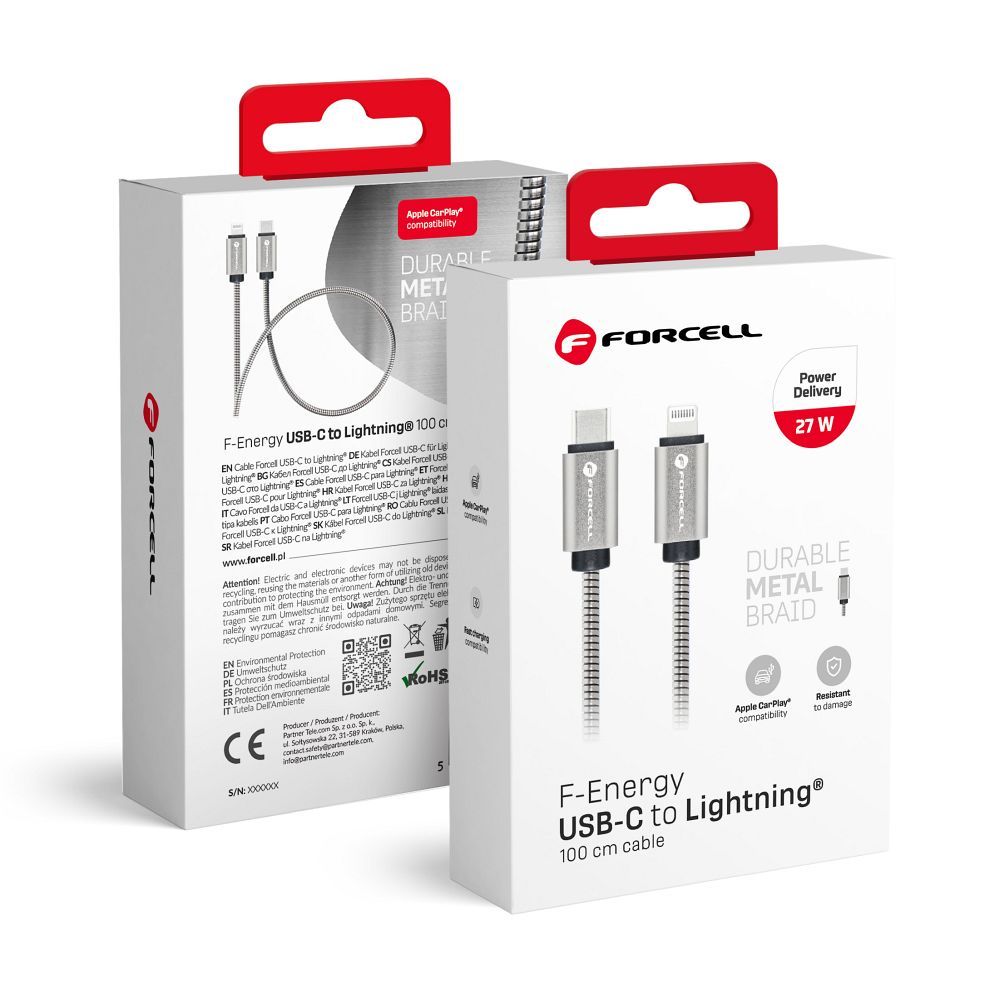 Cablu Forcell USB C To Lightning F-energy PD 3A 27W Metal 1 M C238 Argintiu