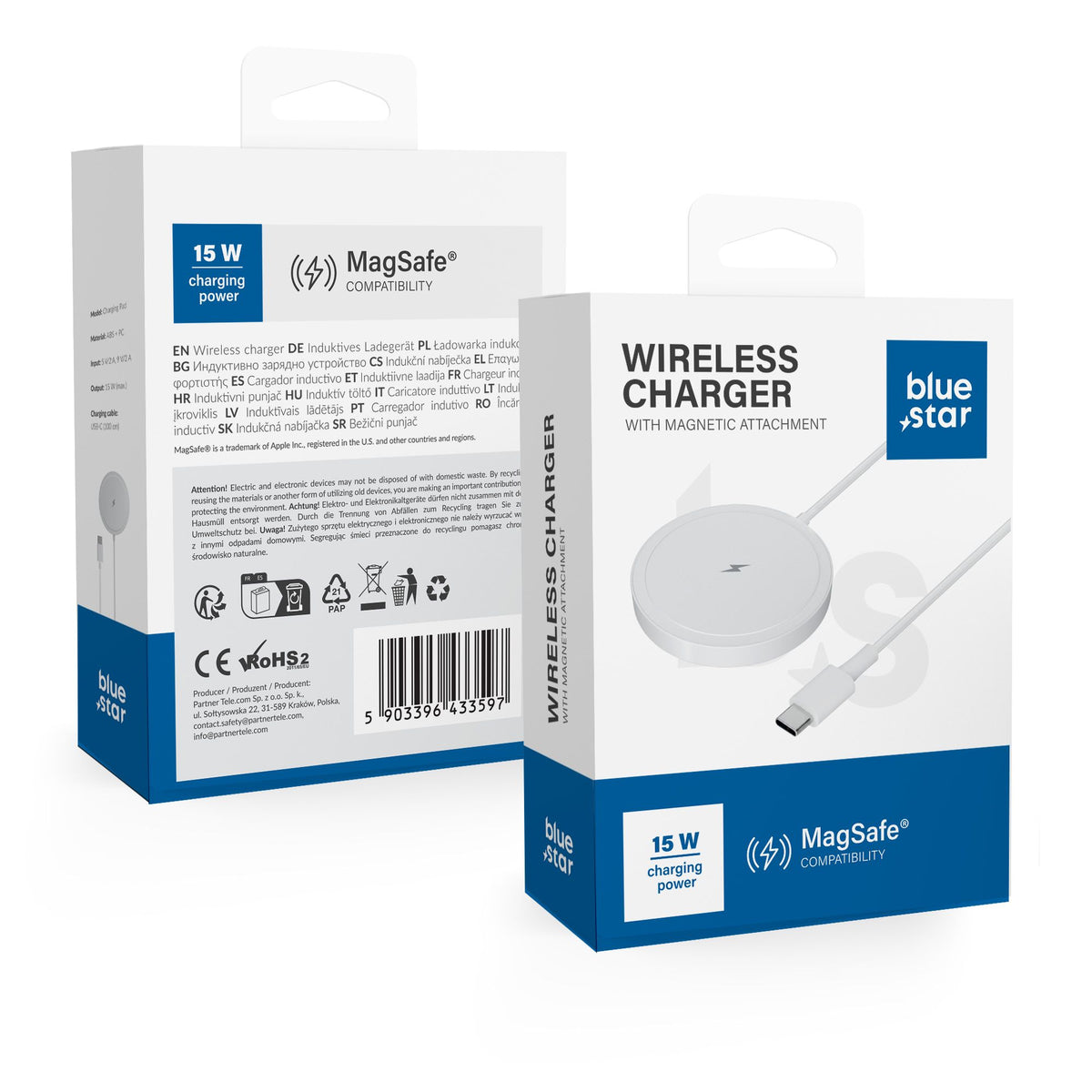 Incarcator wireless Albastru Star Charing Pad 15w Compatible cu Magsafe Alb
