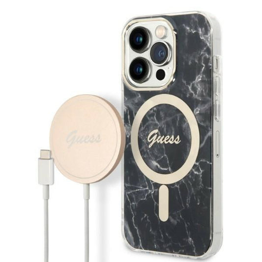 Set Guess husă + încărcător pentru iPhone 14 Pro Max 6,7″ GUBPP14XHMEACSK, carcasă rigidă neagră Marble, MagSafe