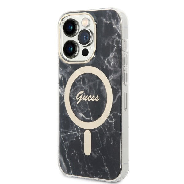 Set Guess husă + încărcător pentru iPhone 14 Pro Max 6,7″ GUBPP14XHMEACSK, carcasă rigidă neagră Marble, MagSafe