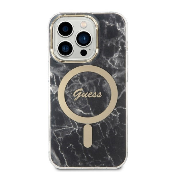 Set Guess husă + încărcător pentru iPhone 14 Pro Max 6,7″ GUBPP14XHMEACSK, carcasă rigidă neagră Marble, MagSafe