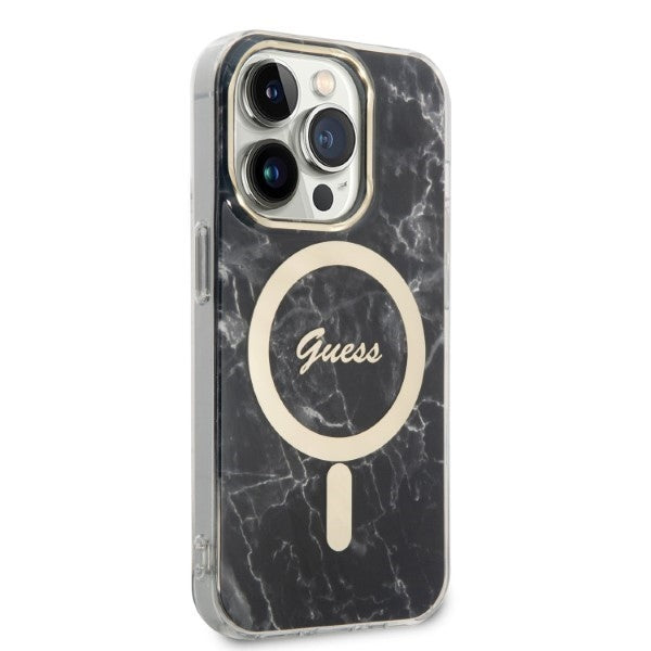 Set Guess husă + încărcător pentru iPhone 14 Pro Max 6,7″ GUBPP14XHMEACSK, carcasă rigidă neagră Marble, MagSafe