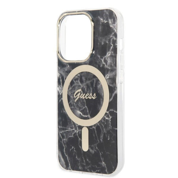 Set Guess husă + încărcător pentru iPhone 14 Pro Max 6,7″ GUBPP14XHMEACSK, carcasă rigidă neagră Marble, MagSafe