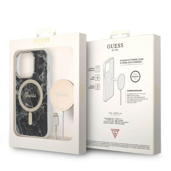 Set Guess husă + încărcător pentru iPhone 14 Pro Max 6,7″ GUBPP14XHMEACSK, carcasă rigidă neagră Marble, MagSafe
