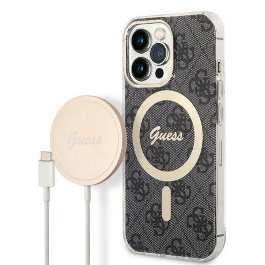 Set Guess husă + încărcător pentru iPhone 13 Pro 6,1″ GUBPP13LH4EACSK, carcasă rigidă neagră 4G Print, MagSafe