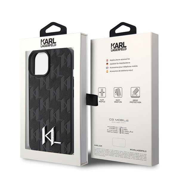 Husă pentru iPhone 15 Karl Lagerfeld 6,1" KLHCP15SPKLPKLK black HC Hot Stamp Monogram KL Metal Logo – Negru