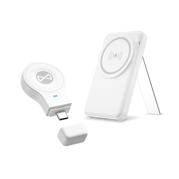 Stație de încărcare wireless magnetică Forever MACS‑100 cu power bank, albă, 5‑în‑1