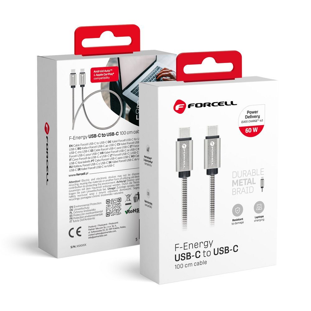 Cablu Forcell USB C To USB C F-energy Qc4.0 PD 3A 60W Metal 1 M C237 Argintiu
