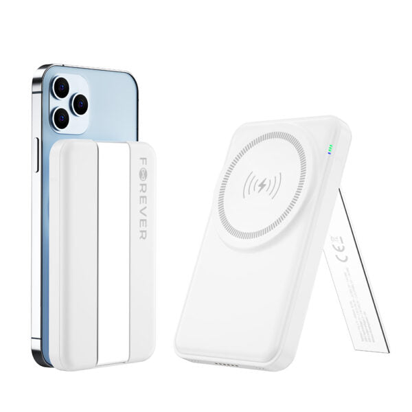 Stație de încărcare wireless magnetică Forever MACS‑100 cu power bank, albă, 5‑în‑1