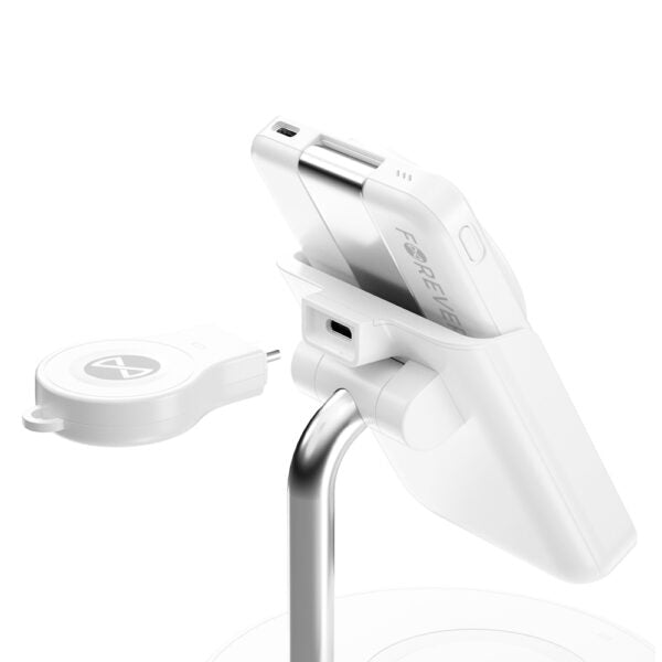 Stație de încărcare wireless magnetică Forever MACS‑100 cu power bank, albă, 5‑în‑1