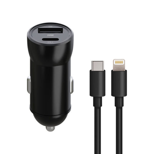 Încărcător auto Maxlife MXCC‑04 PD QC 1x USB‑C 1x USB 20W negru + cablu USB‑C – Lightning 27W