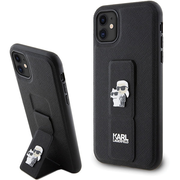 Husă pentru Karl Lagerfeld iPhone 11 KLHCN61GSAKCPK black HC GRIPSTAND SAFFIANO KC PINS – Negru