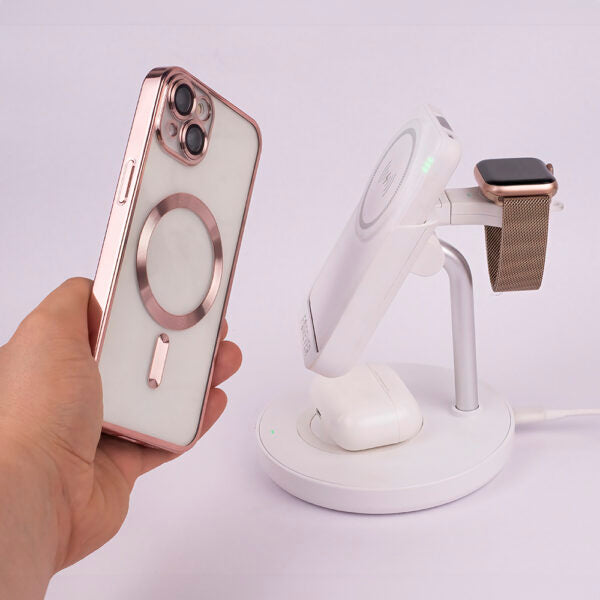 Stație de încărcare wireless magnetică Forever MACS‑100 cu power bank, albă, 5‑în‑1