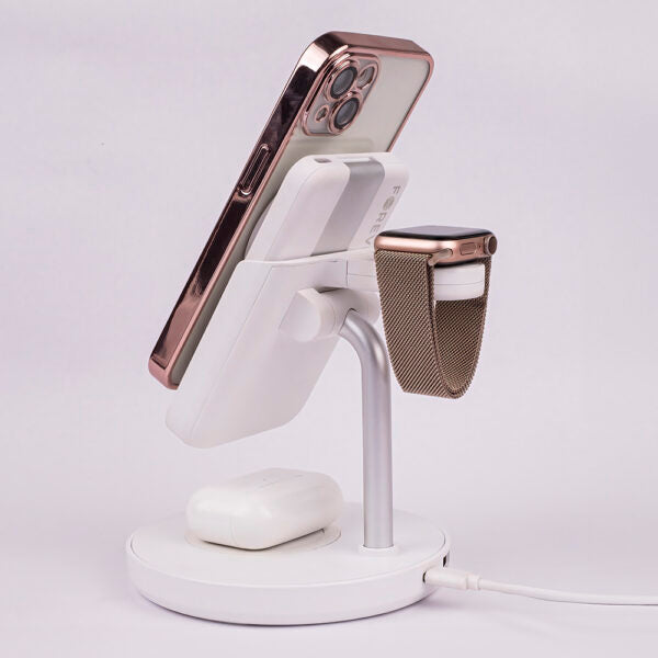 Stație de încărcare wireless magnetică Forever MACS‑100 cu power bank, albă, 5‑în‑1