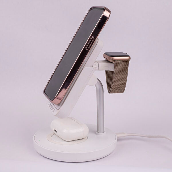 Stație de încărcare wireless magnetică Forever MACS‑100 cu power bank, albă, 5‑în‑1