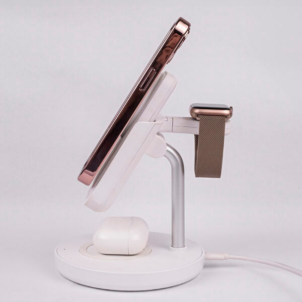 Stație de încărcare wireless magnetică Forever MACS‑100 cu power bank, albă, 5‑în‑1