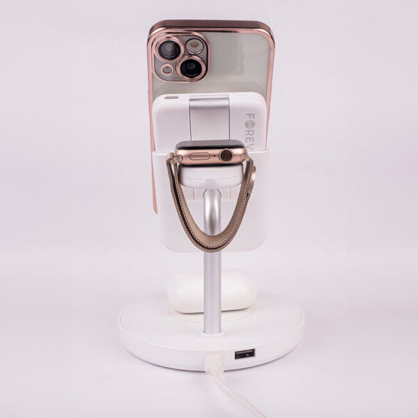 Stație de încărcare wireless magnetică Forever MACS‑100 cu power bank, albă, 5‑în‑1