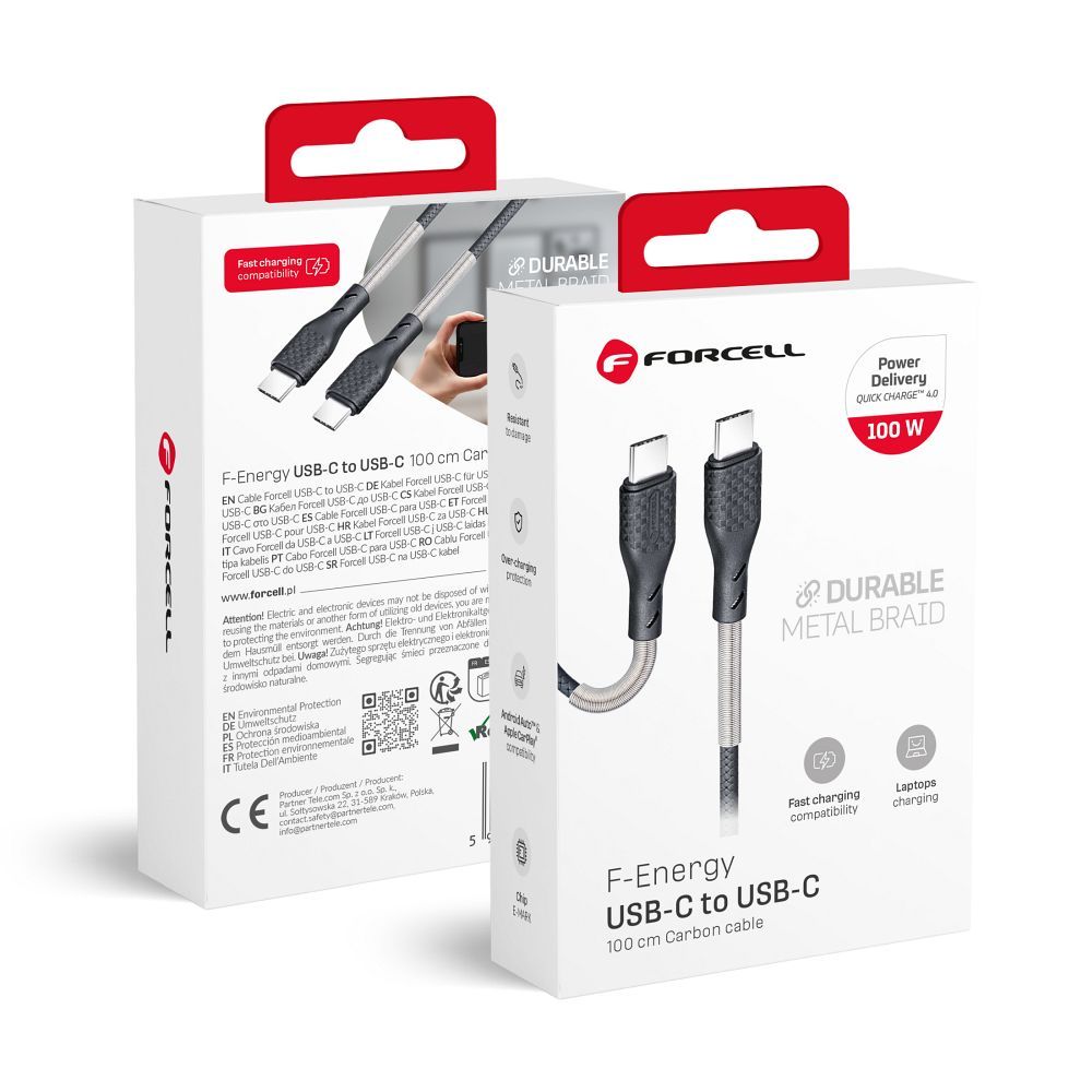 Cablu Forcell USB C To USB C F-energy Qc4.0 PD 5A 100W Carbon 1 M Negru
