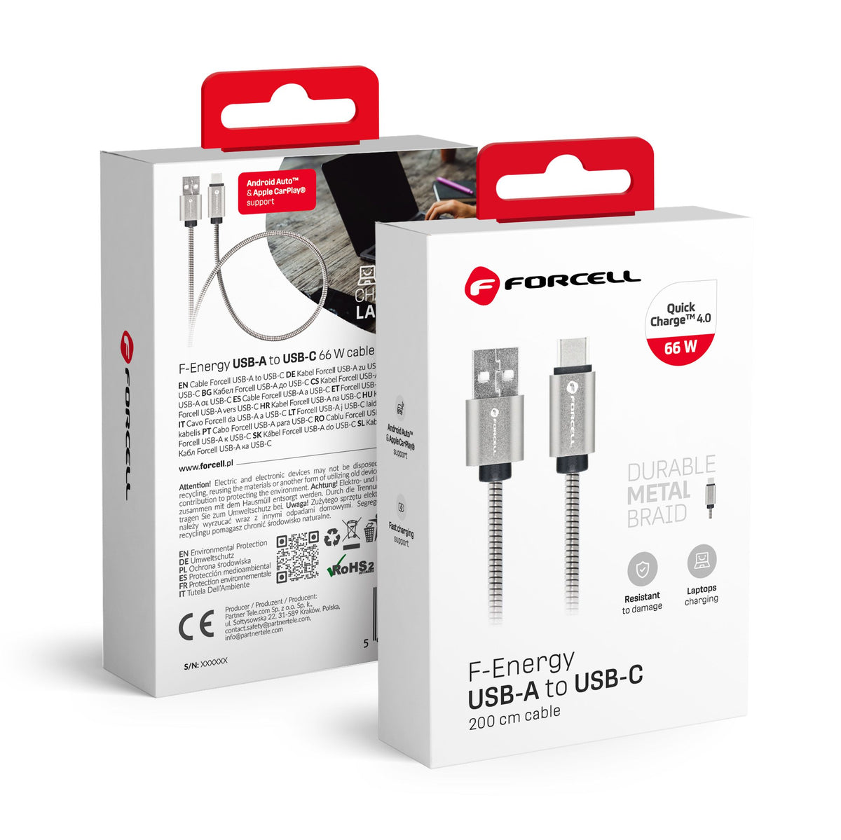 Cablu Forcell USB A To USB C F-energy Qc4.0 3A 66W Metal 2 M C234 Argintiu